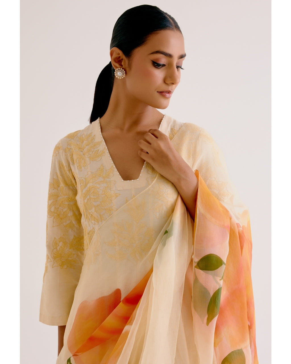 Lemon Yellow Cotton Silk Blend Hand-Painted Anarkali Set