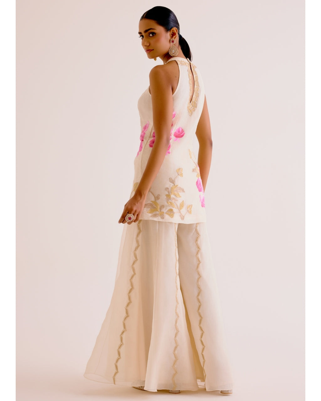 Ivory And Pink Silk Organza Hand-Painted Embroidered Sharara Set