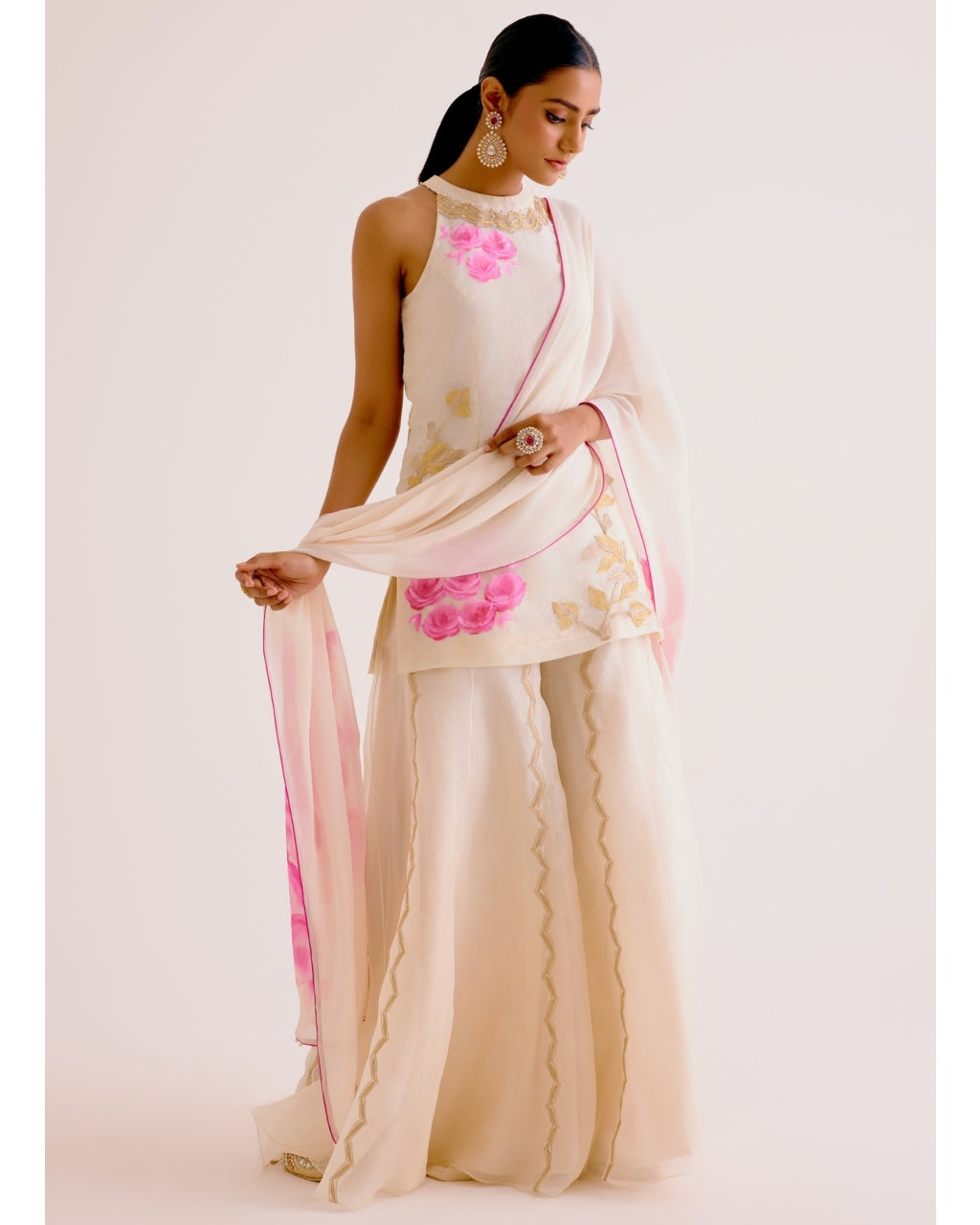 Ivory And Pink Silk Organza Hand-Painted Embroidered Sharara Set