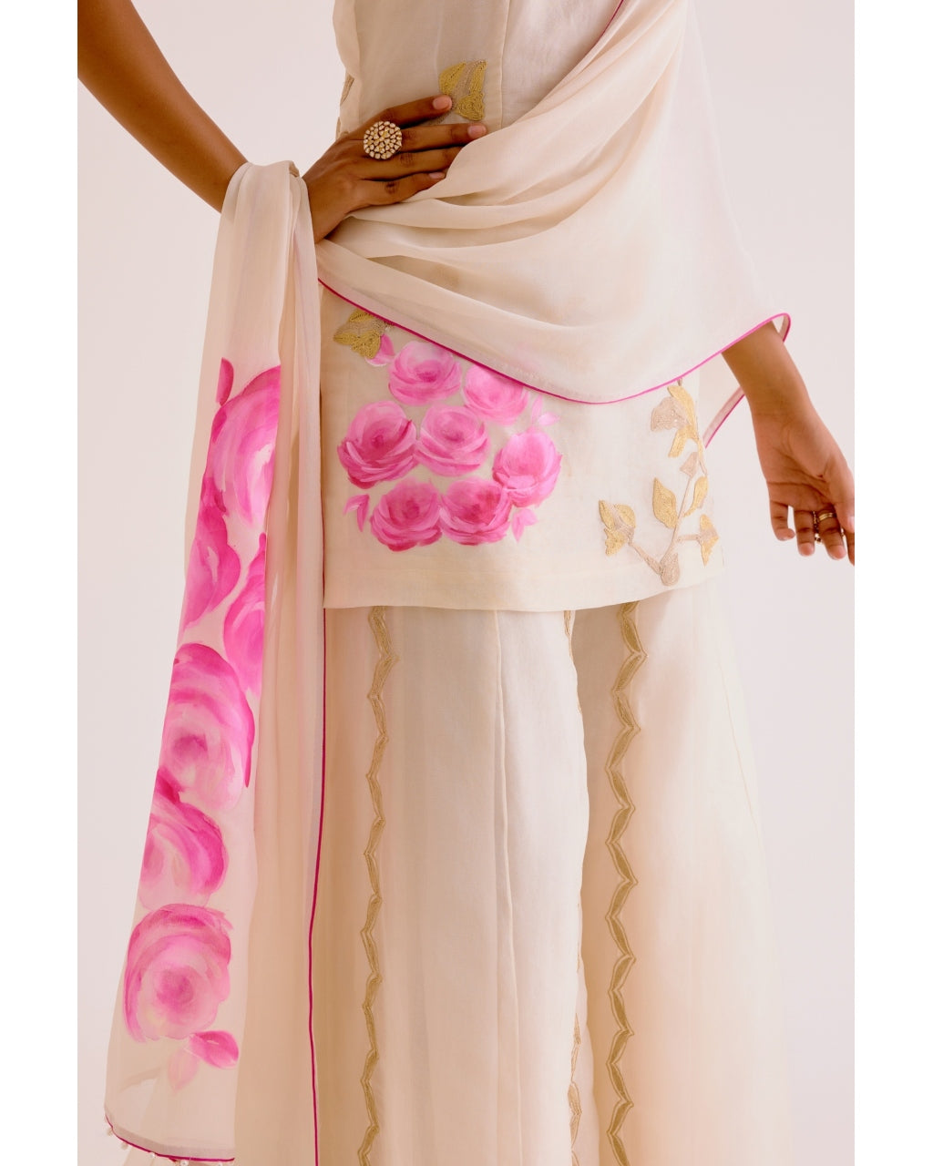 Ivory And Pink Silk Organza Hand-Painted Embroidered Sharara Set