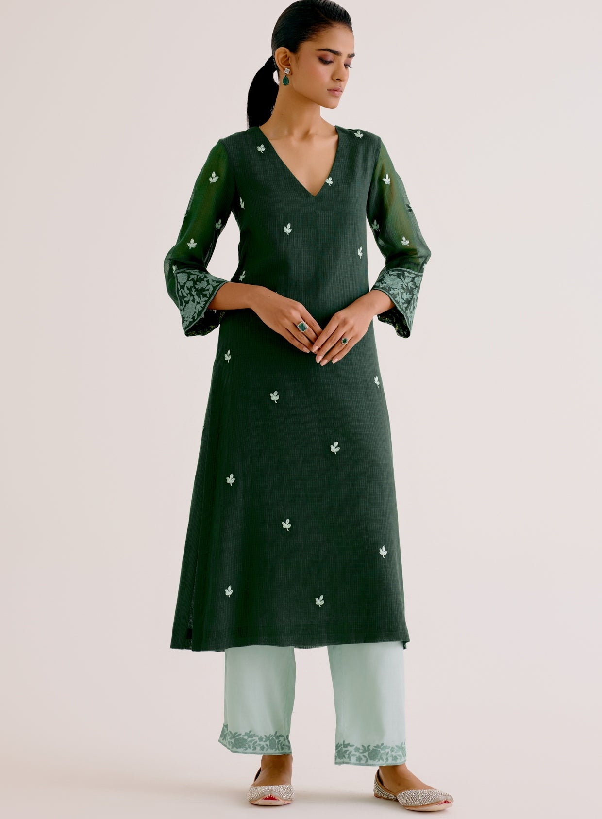 Emerald Green Kota Dori Embroidered Kurta Set