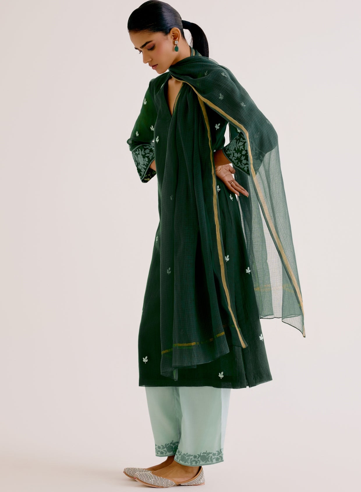 Emerald Green Kota Dori Embroidered Kurta Set