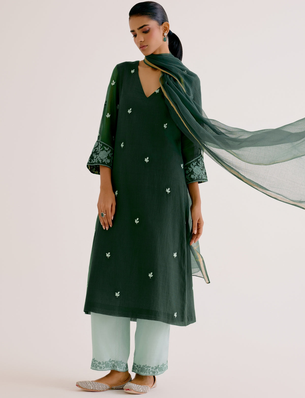 Emerald Green Kota Dori Embroidered Kurta Set