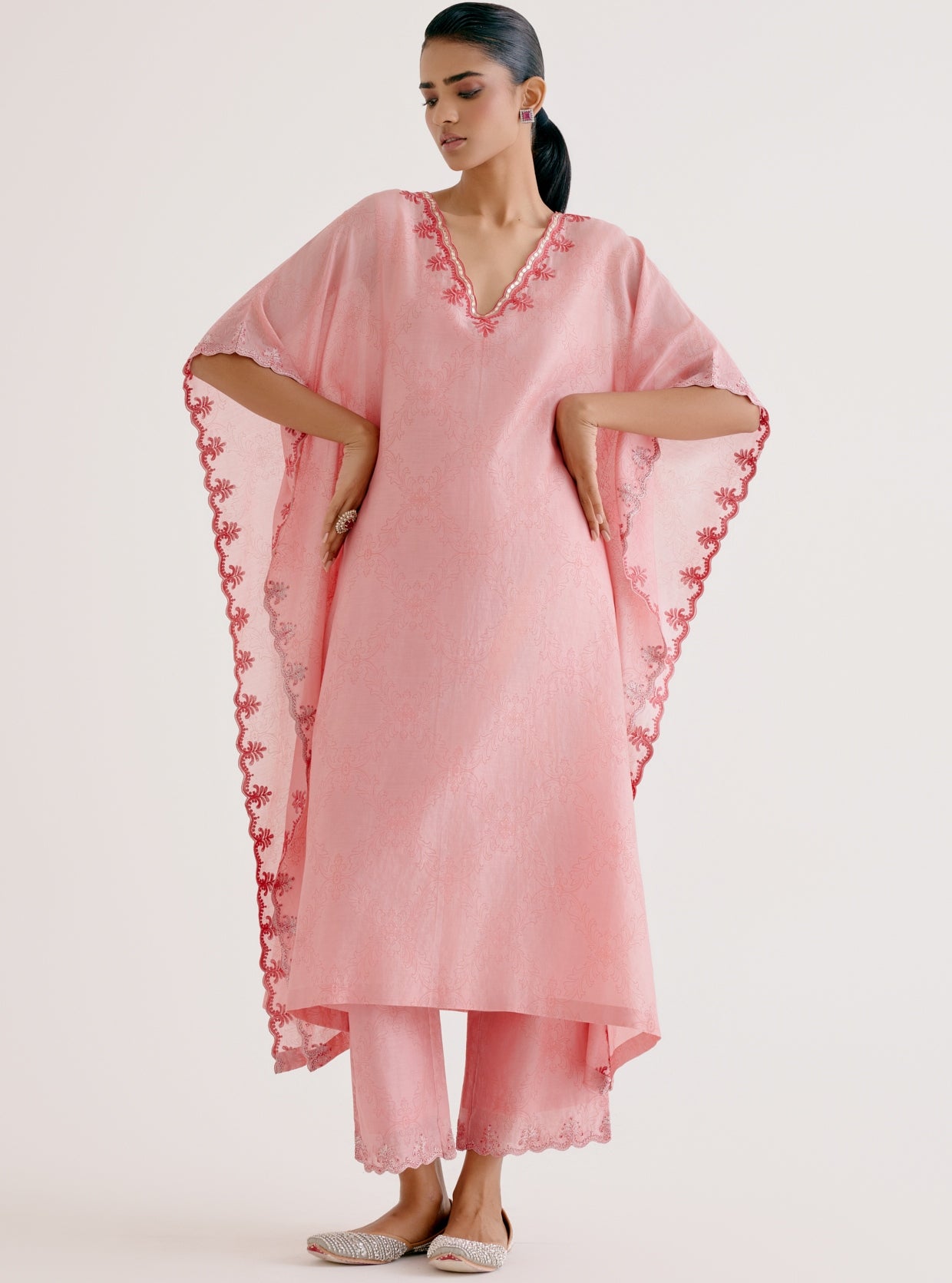 Blush Pink Silk Chanderi Dori Embroidered Kaftan Set