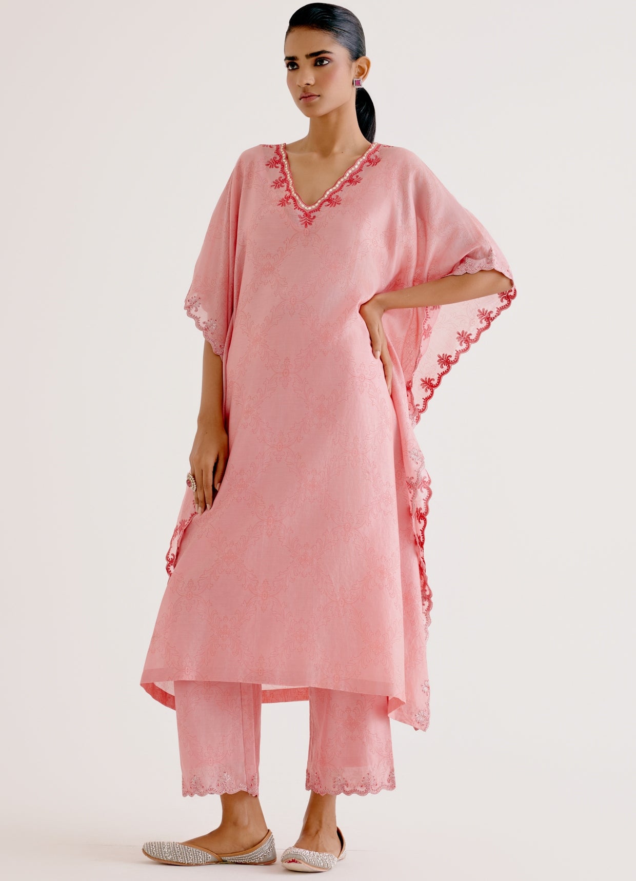 Blush Pink Silk Chanderi Dori Embroidered Kaftan Set