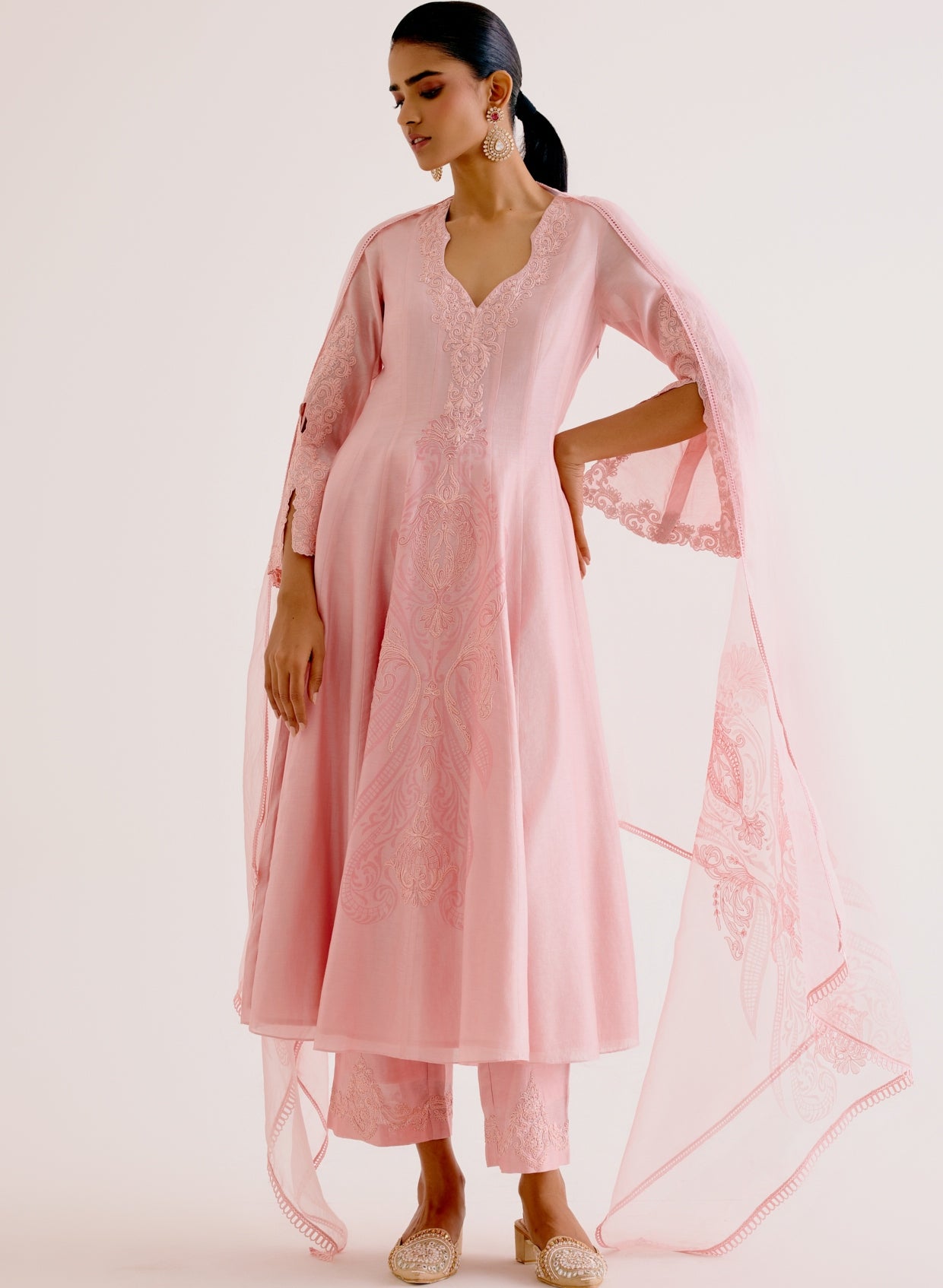 Blush Pink Silk Chanderi Dori Embroidered Anarkali Set