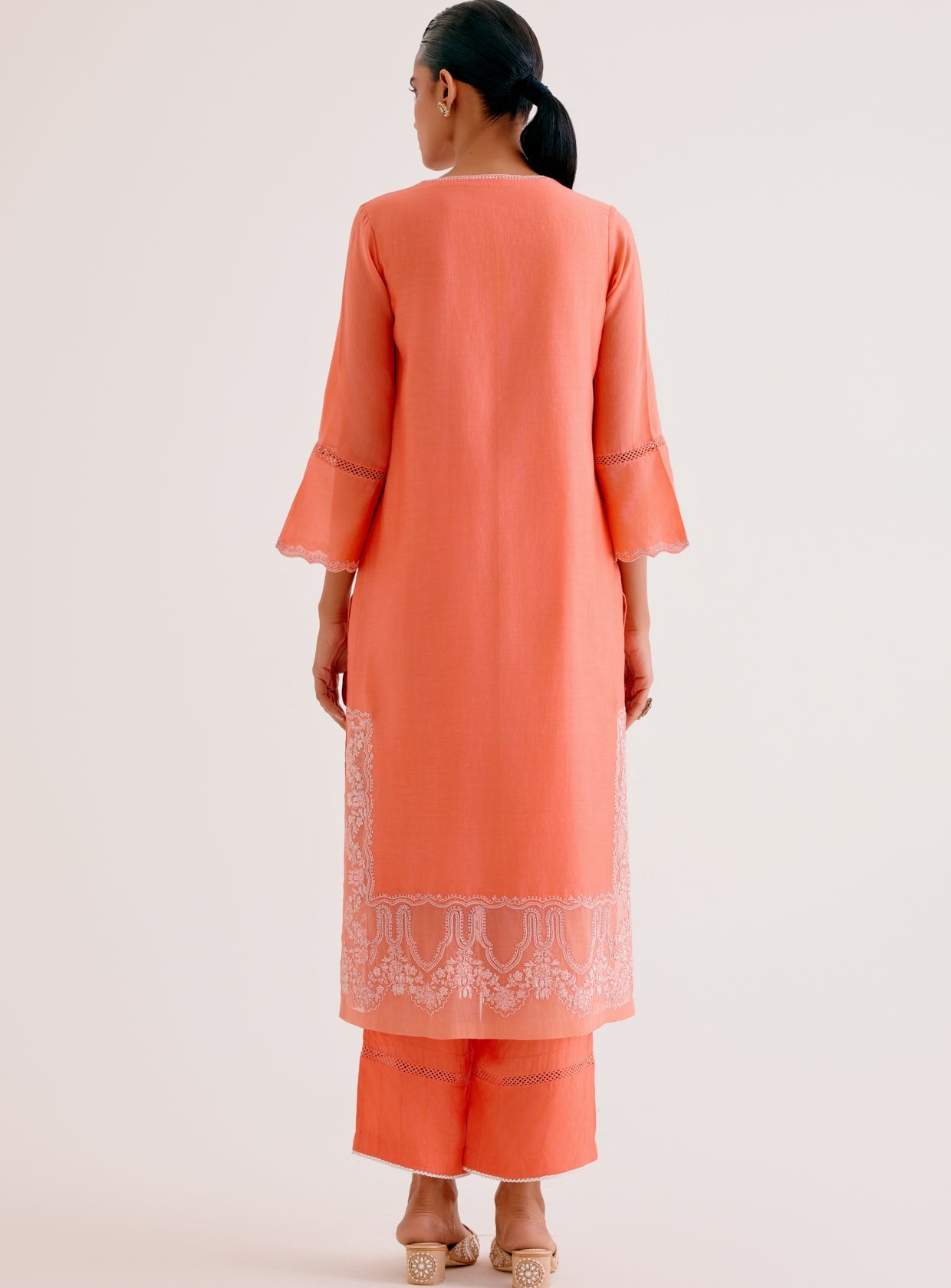 Orange Silk Chanderi Dori And Sequins Embroidered Kurta Set