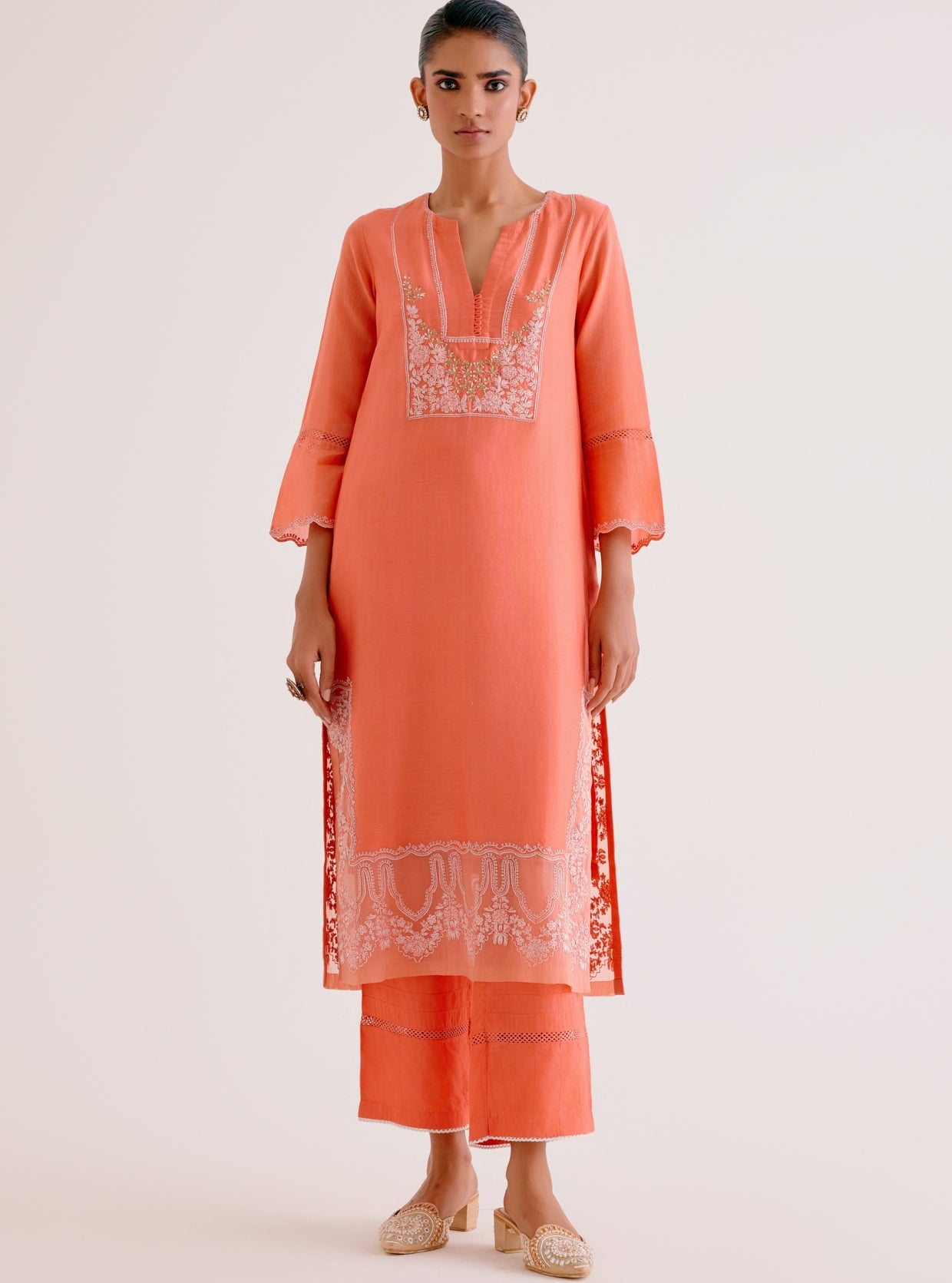 Orange Silk Chanderi Dori And Sequins Embroidered Kurta Set