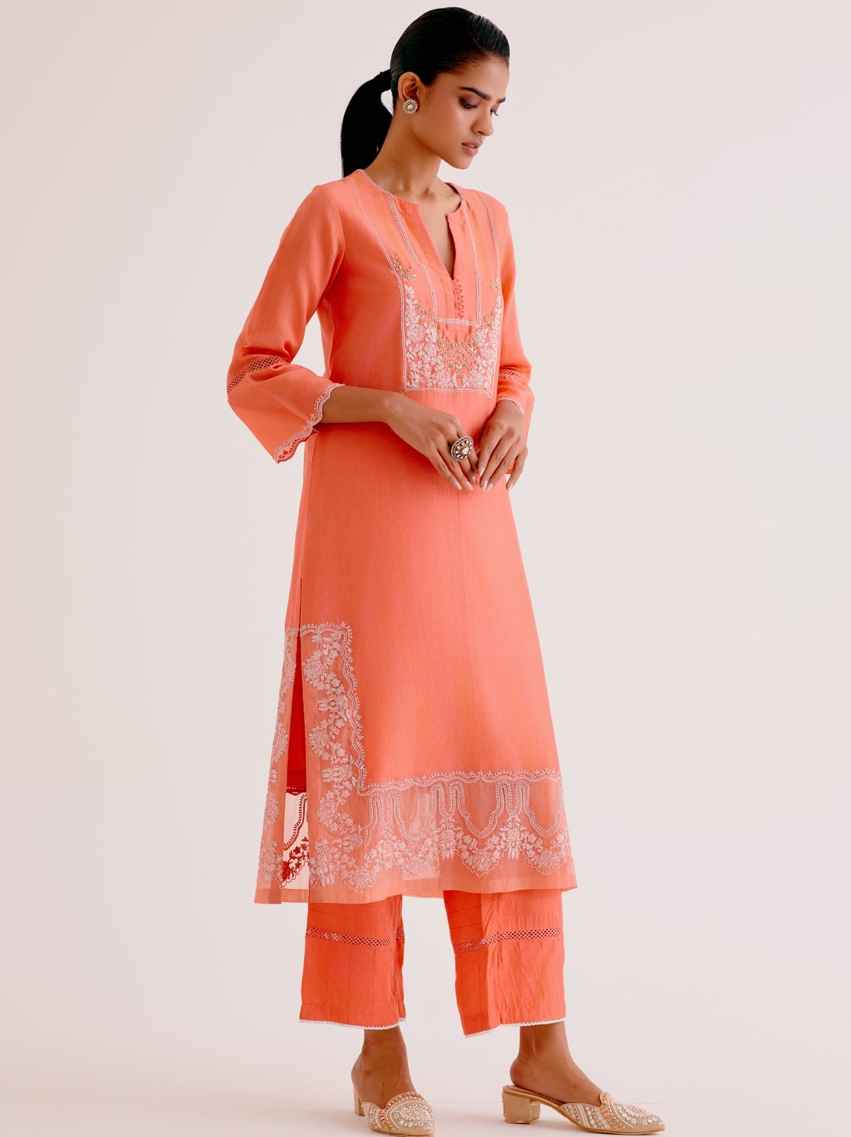 Orange Silk Chanderi Dori And Sequins Embroidered Kurta Set