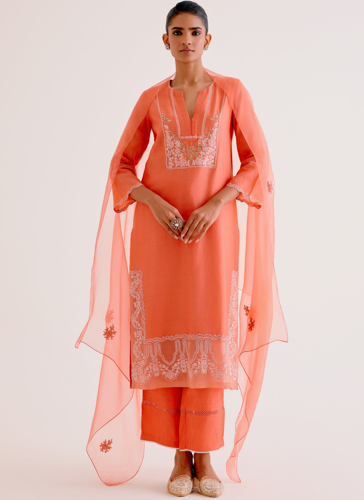 Orange Silk Chanderi Dori And Sequins Embroidered Kurta Set