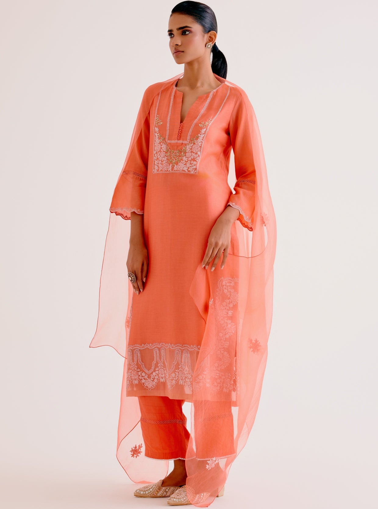 Orange Silk Chanderi Dori And Sequins Embroidered Kurta Set