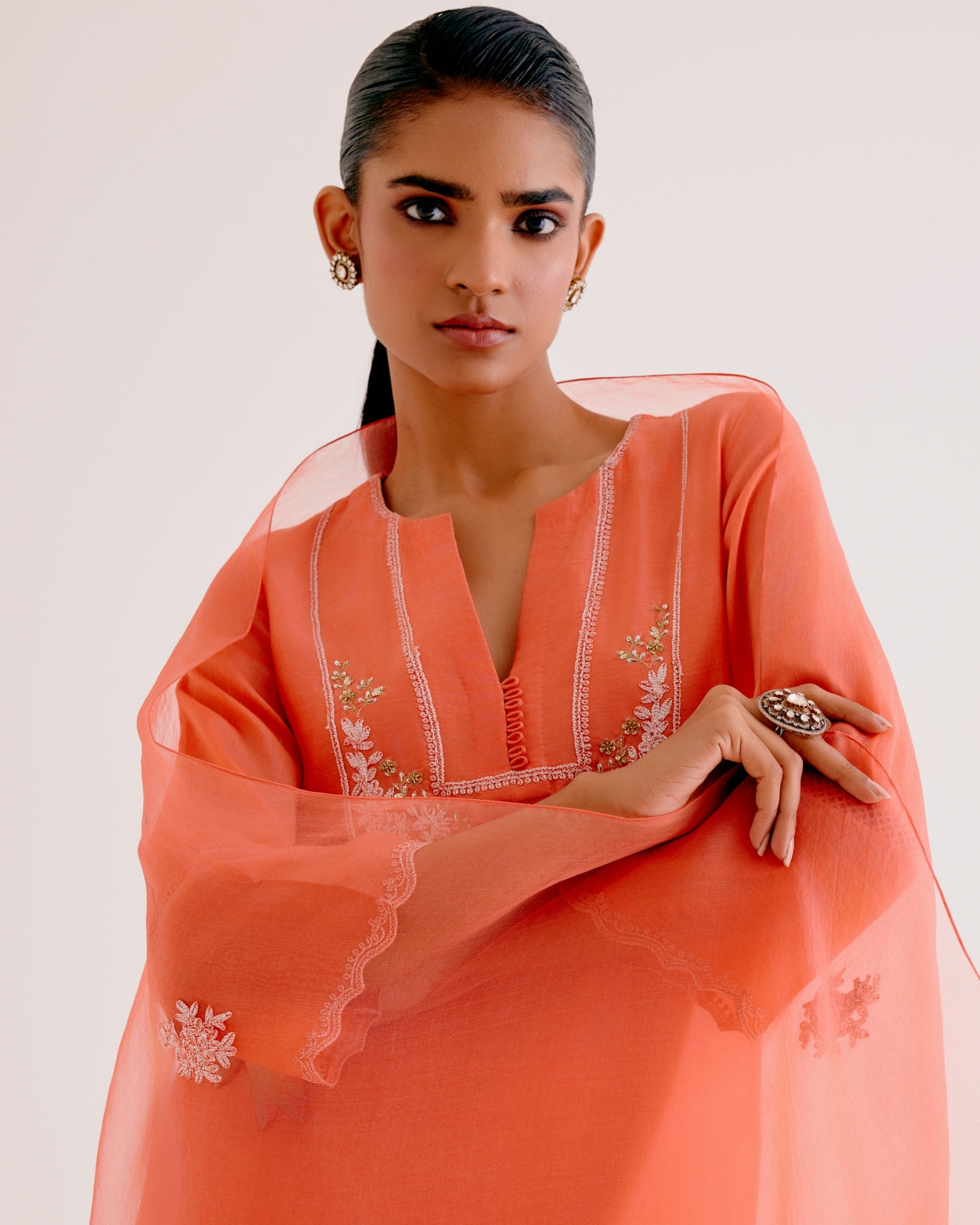 Orange Silk Chanderi Dori And Sequins Embroidered Kurta Set