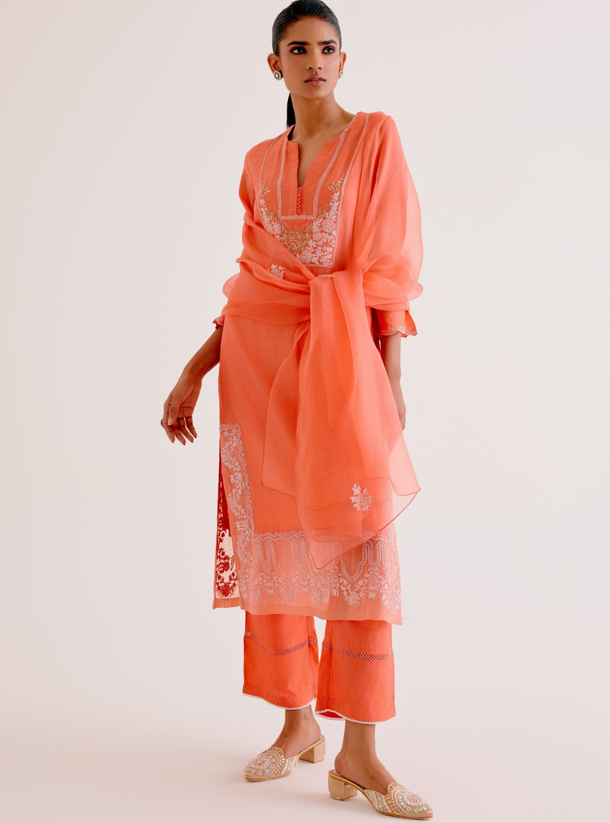 Orange Silk Chanderi Dori And Sequins Embroidered Kurta Set