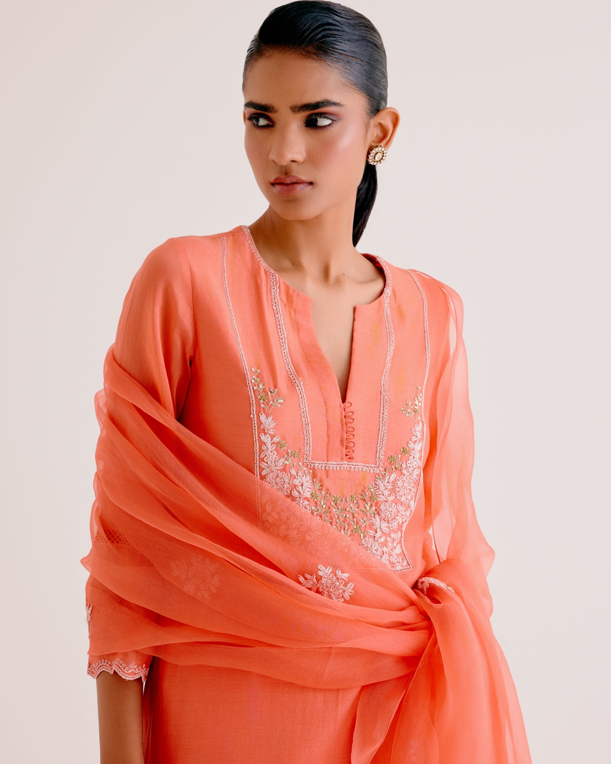 Orange Silk Chanderi Dori And Sequins Embroidered Kurta Set