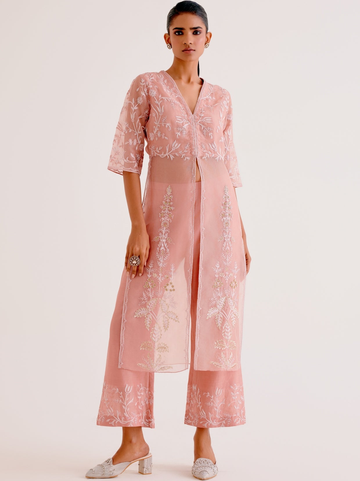 Blush Pink Silk Organza Embroidered Kurta Set