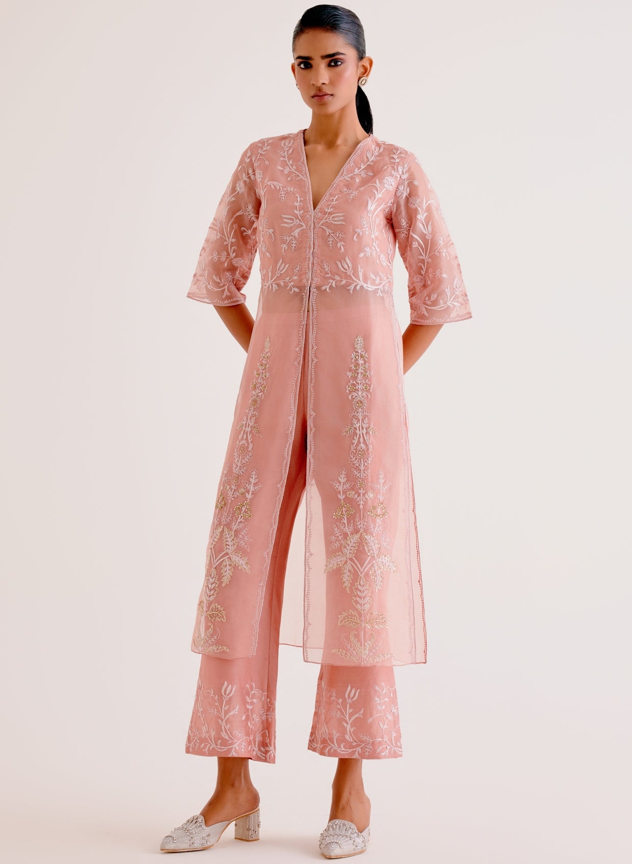 Blush Pink Silk Organza Embroidered Kurta Set