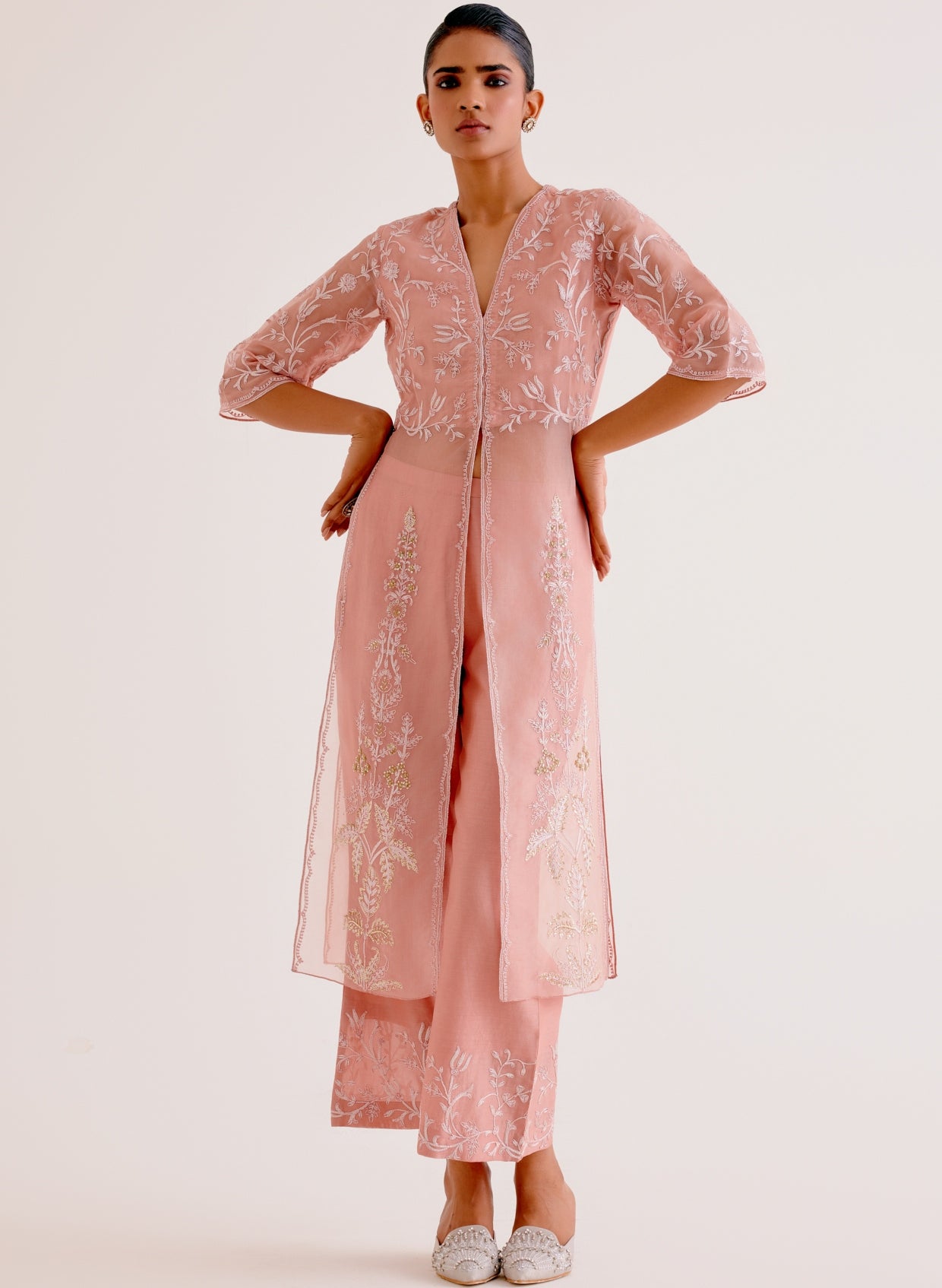 Blush Pink Silk Organza Embroidered Kurta Set