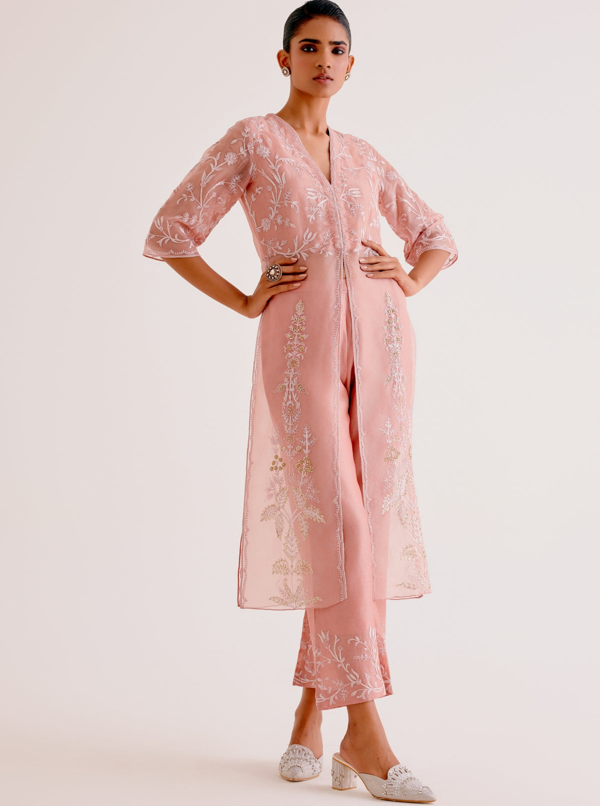 Blush Pink Silk Organza Embroidered Kurta Set