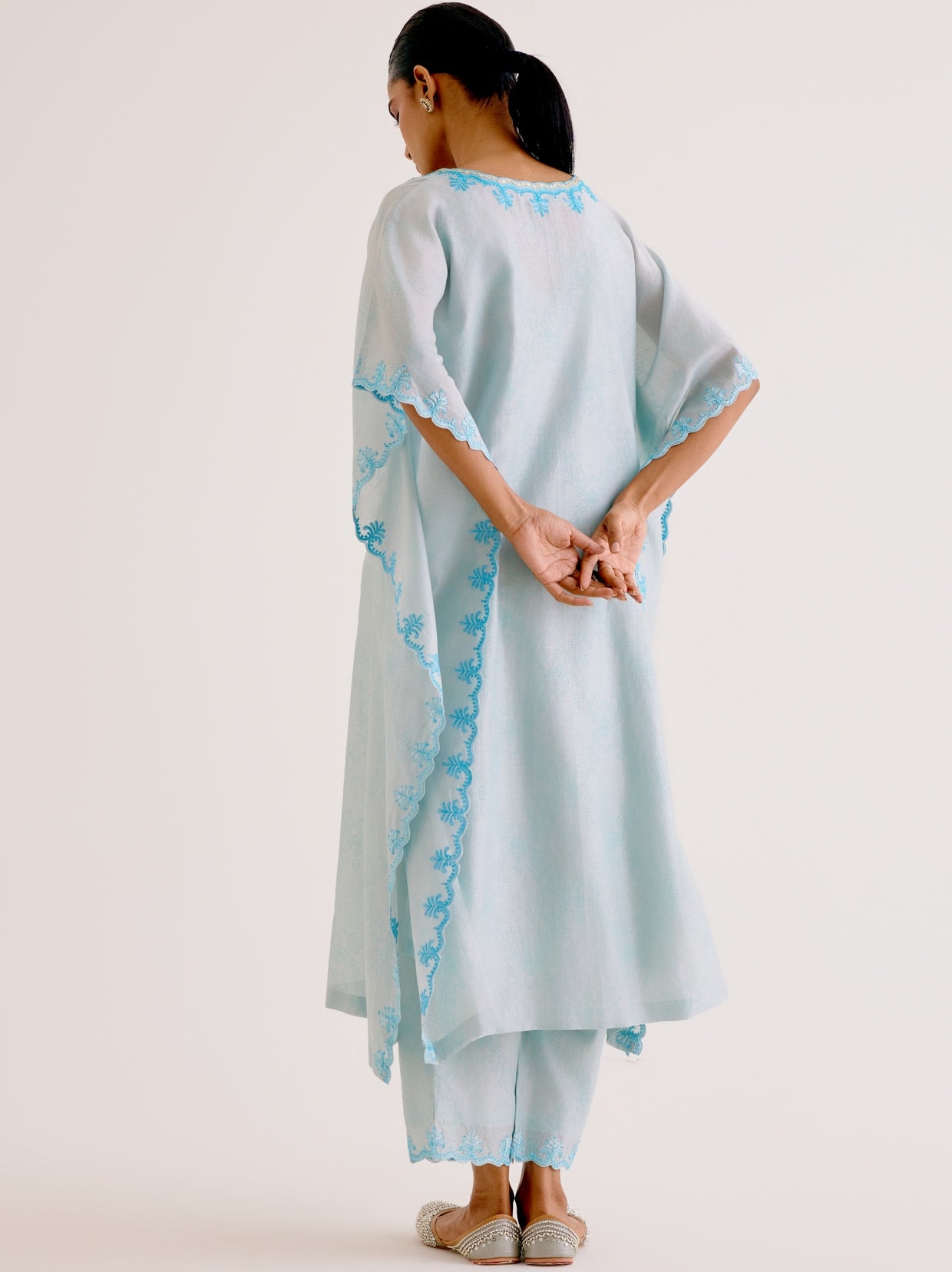 Sky Blue Silk Chanderi Dori Embroidered Kaftan Set