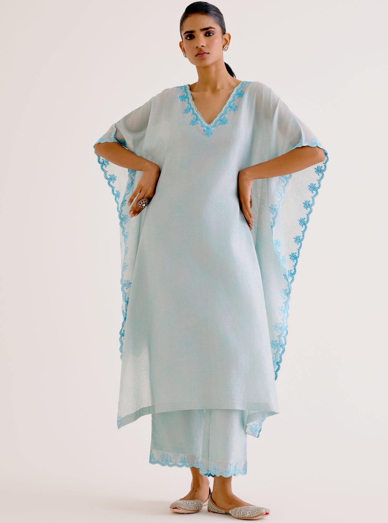 Sky Blue Silk Chanderi Dori Embroidered Kaftan Set