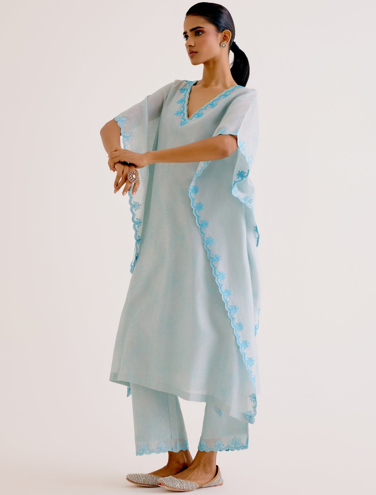 Sky Blue Silk Chanderi Dori Embroidered Kaftan Set