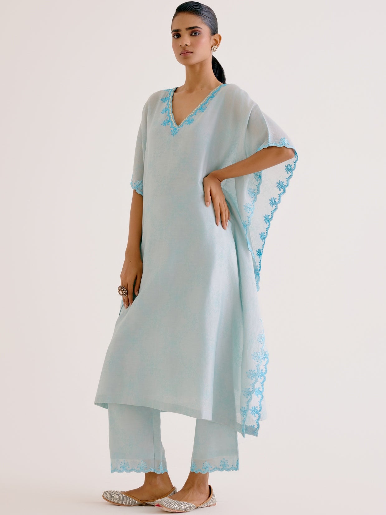 Sky Blue Silk Chanderi Dori Embroidered Kaftan Set