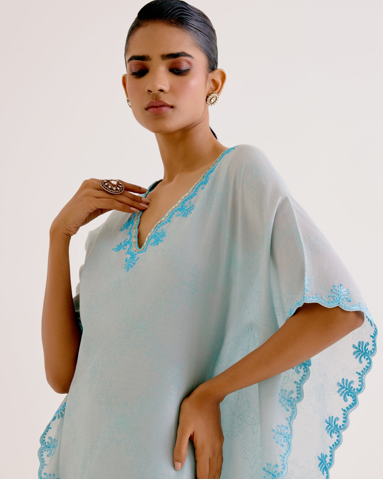 Sky Blue Silk Chanderi Dori Embroidered Kaftan Set