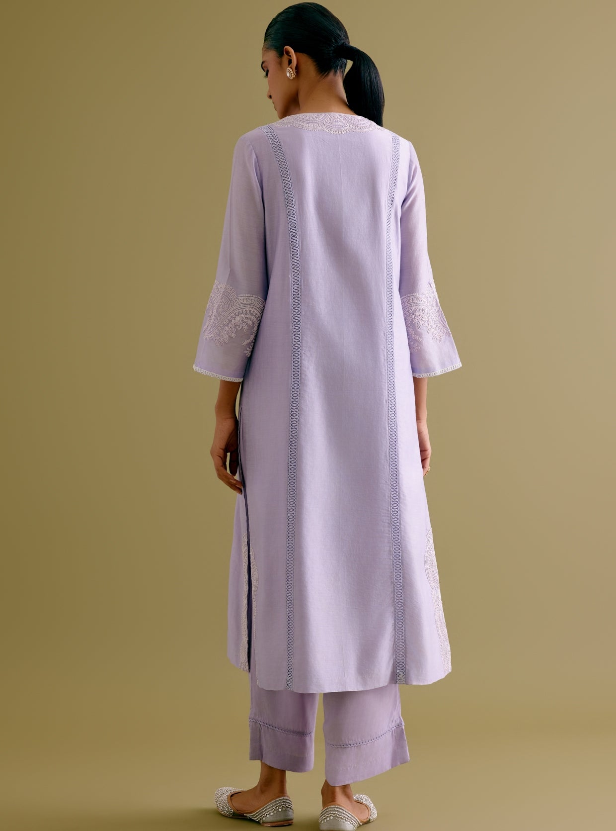 Lilac Silk Chanderi Dori Embroidered Kurta Set