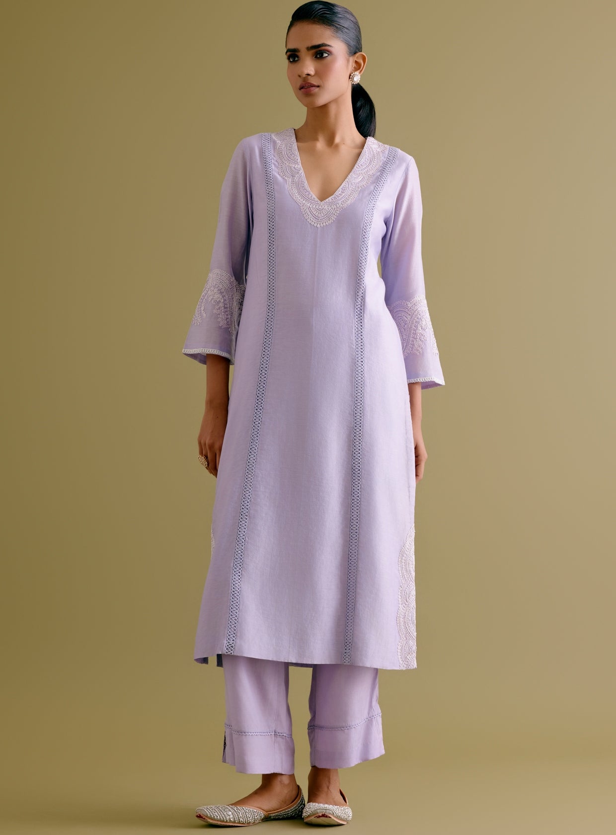 Lilac Silk Chanderi Dori Embroidered Kurta Set