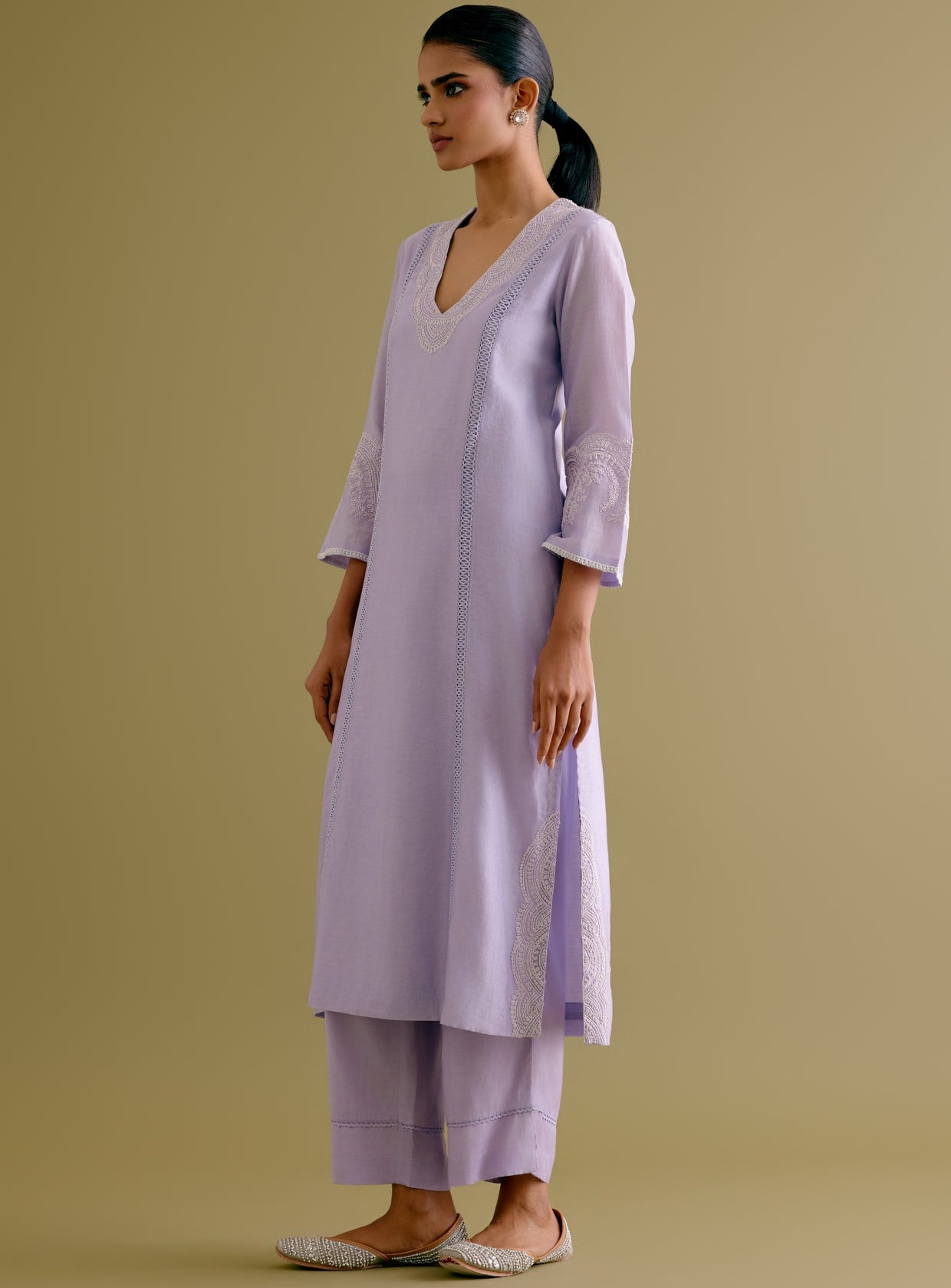 Lilac Silk Chanderi Dori Embroidered Kurta Set