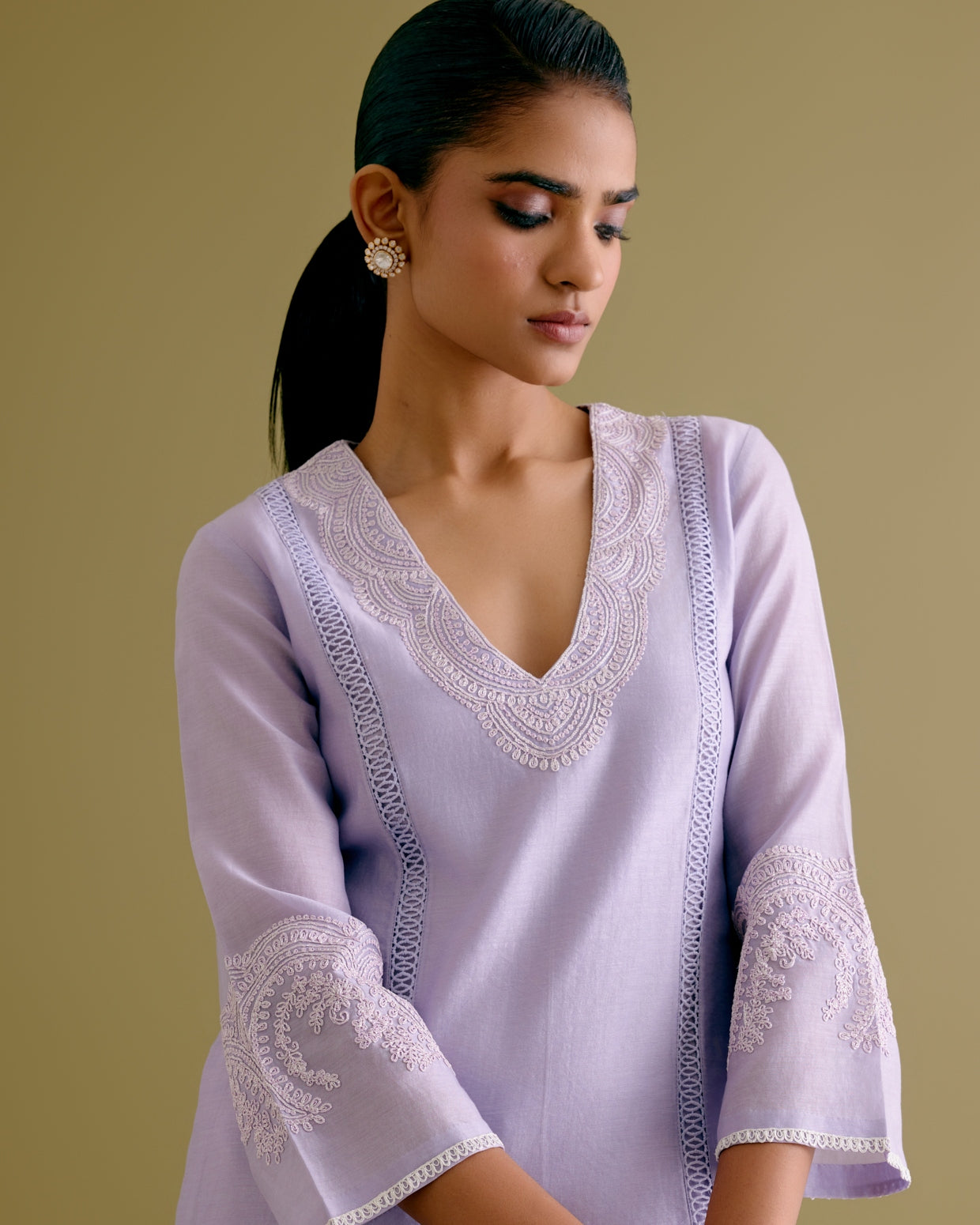 Lilac Silk Chanderi Dori Embroidered Kurta Set