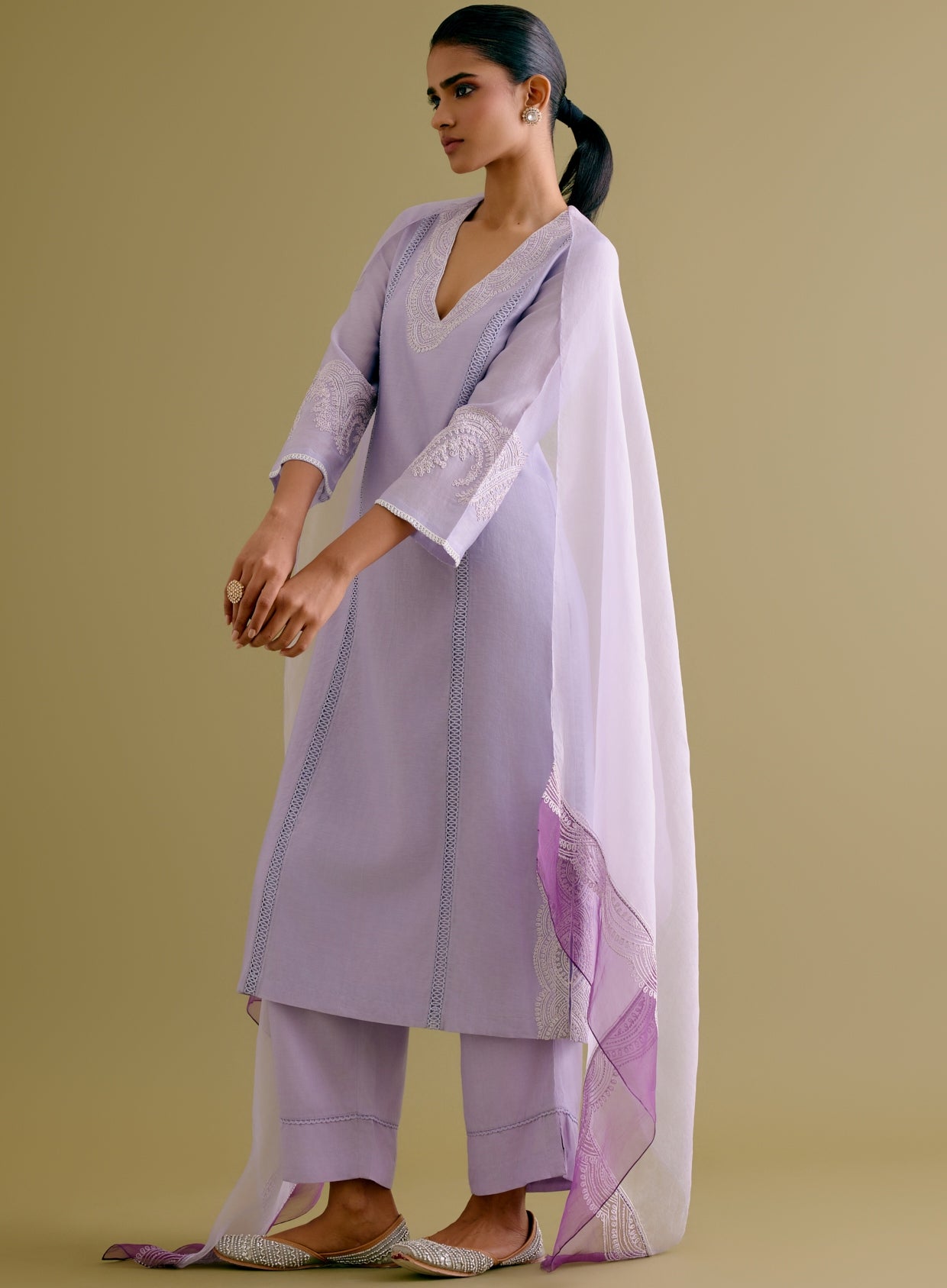 Lilac Silk Chanderi Dori Embroidered Kurta Set