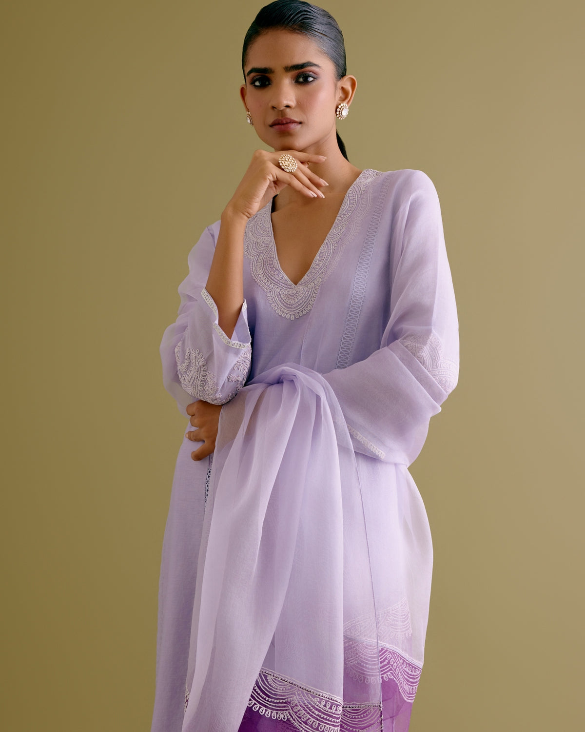 Lilac Silk Chanderi Dori Embroidered Kurta Set