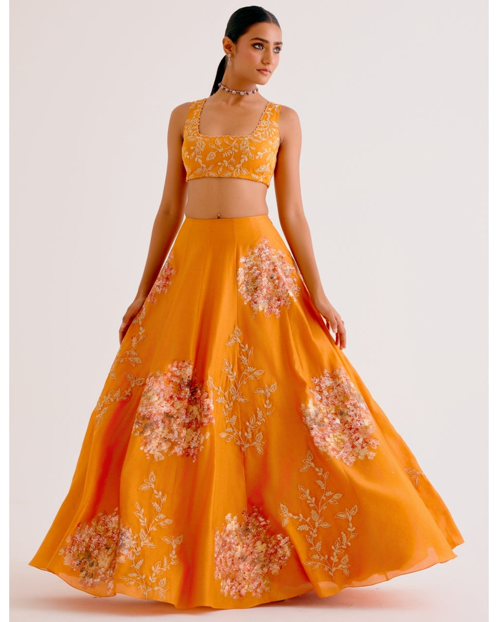 Orange Silk Chanderi Hand-Painted Lehenga Set