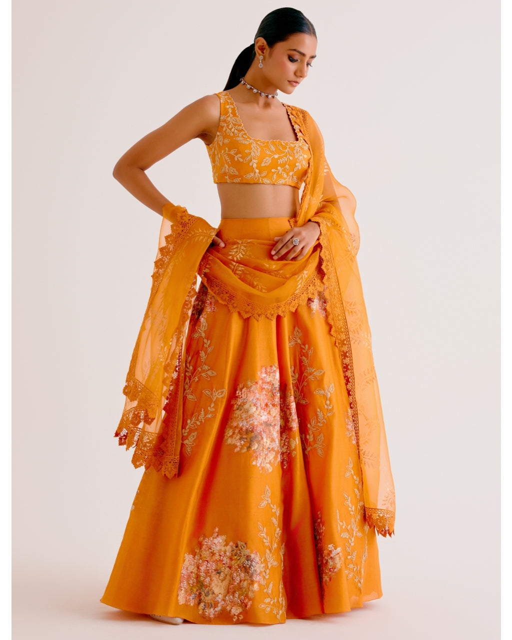 Orange Silk Chanderi Hand-Painted Lehenga Set