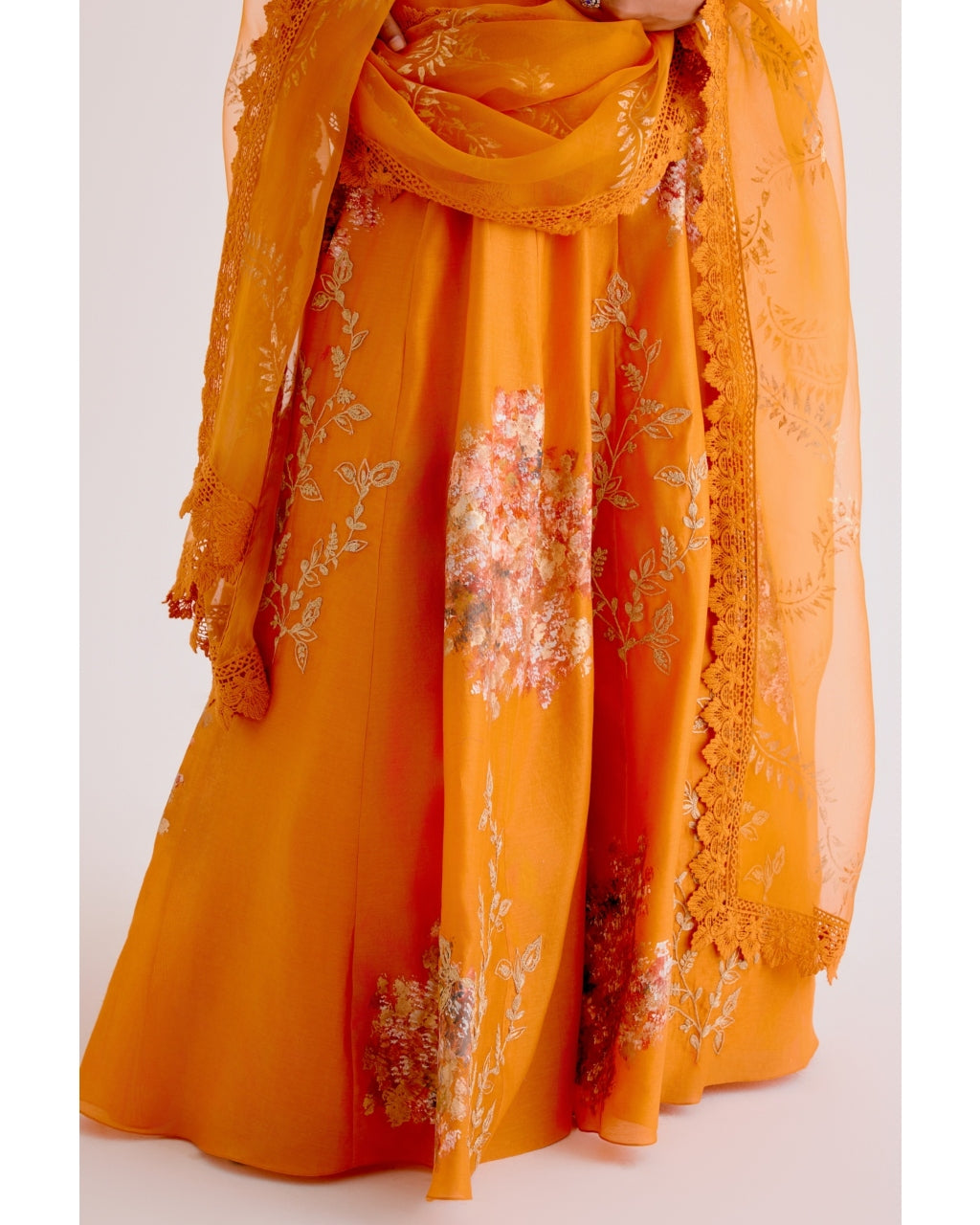 Orange Silk Chanderi Hand-Painted Lehenga Set