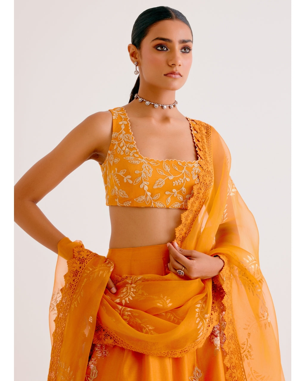 Orange Silk Chanderi Hand-Painted Lehenga Set