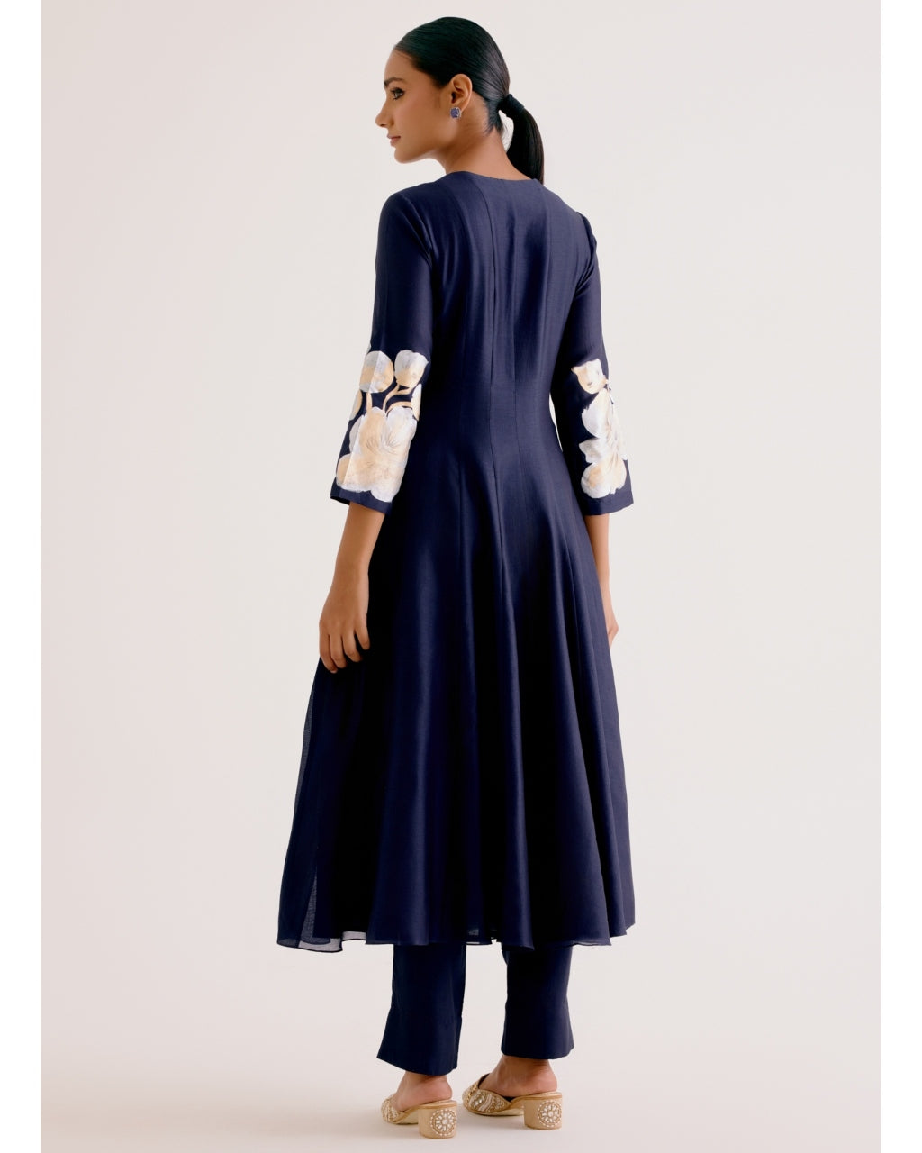 Navy Blue Cotton Silk Blend Hand-Painted Anarkali Set