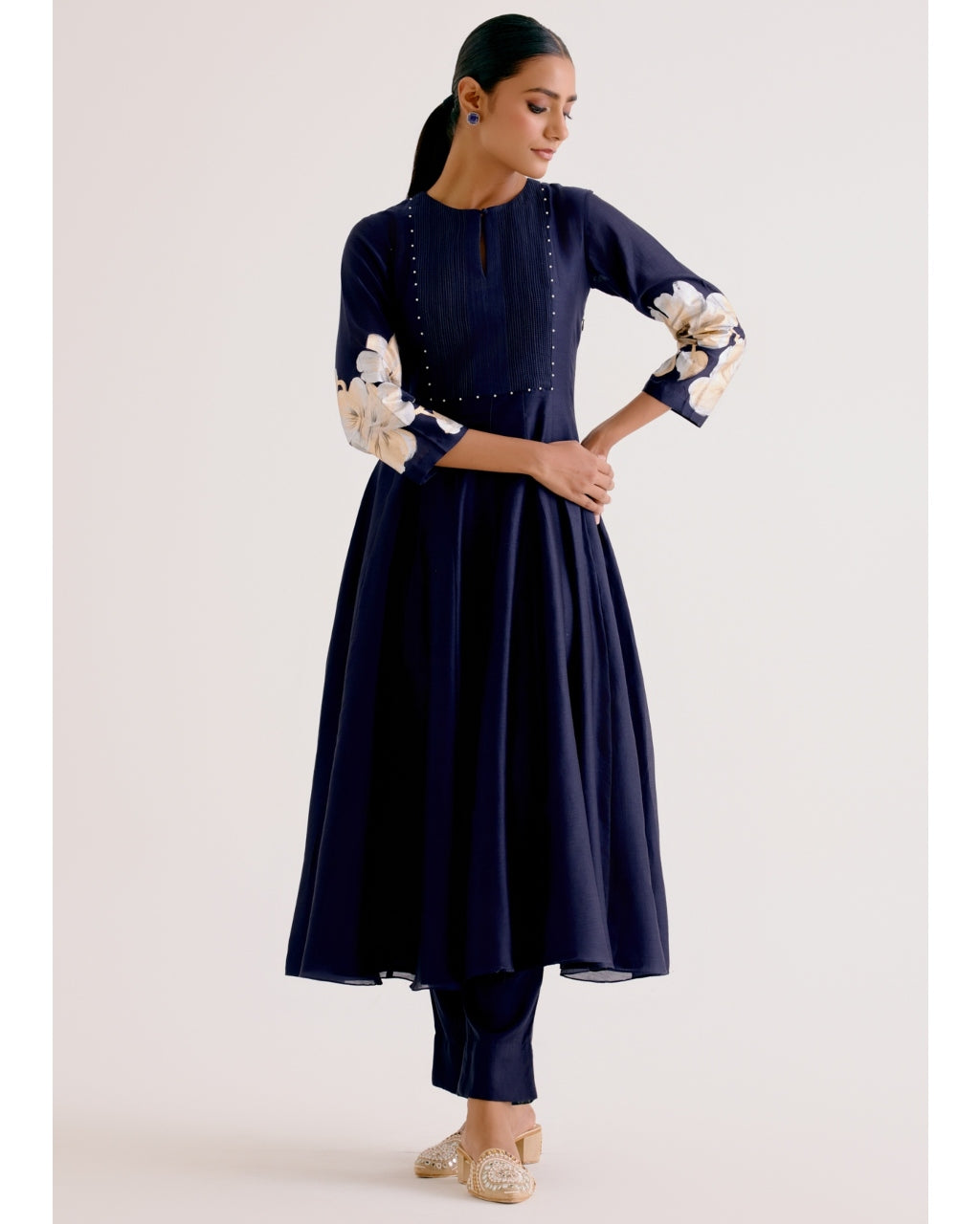 Navy Blue Cotton Silk Blend Hand-Painted Anarkali Set