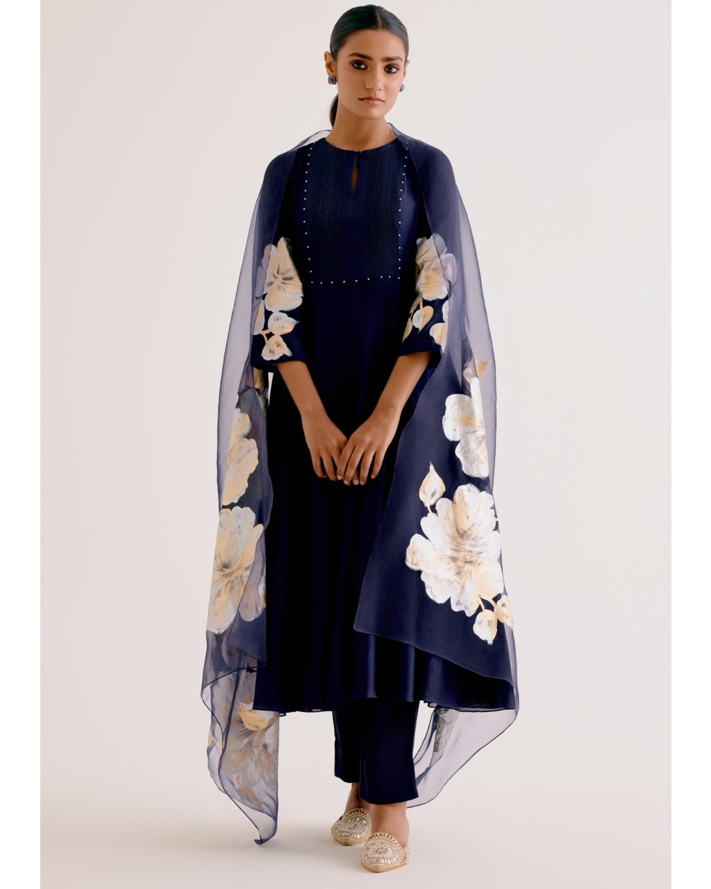 Navy Blue Cotton Silk Blend Hand-Painted Anarkali Set