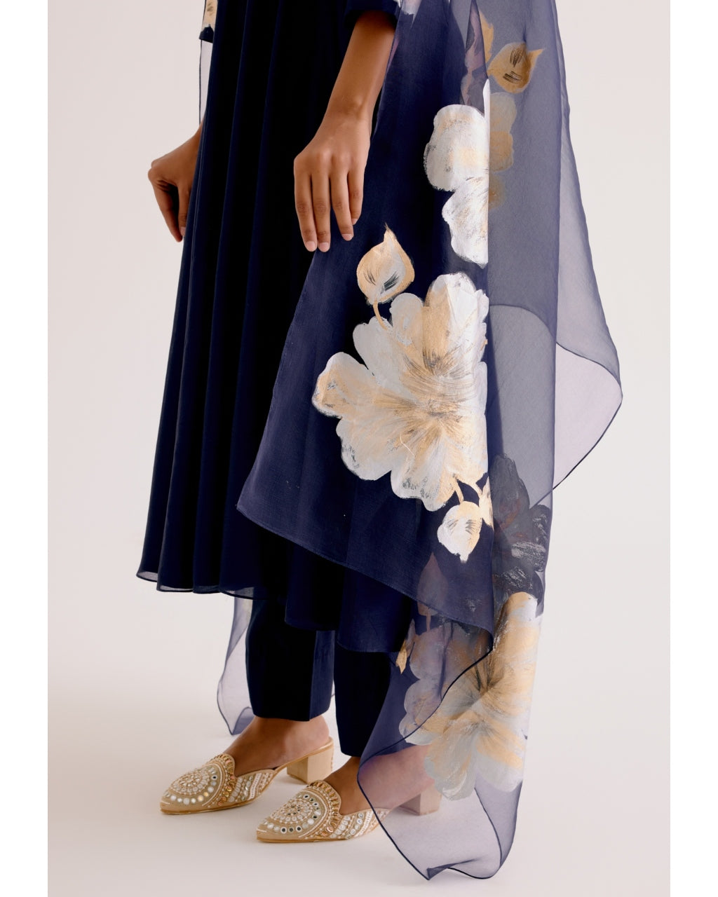 Navy Blue Cotton Silk Blend Hand-Painted Anarkali Set