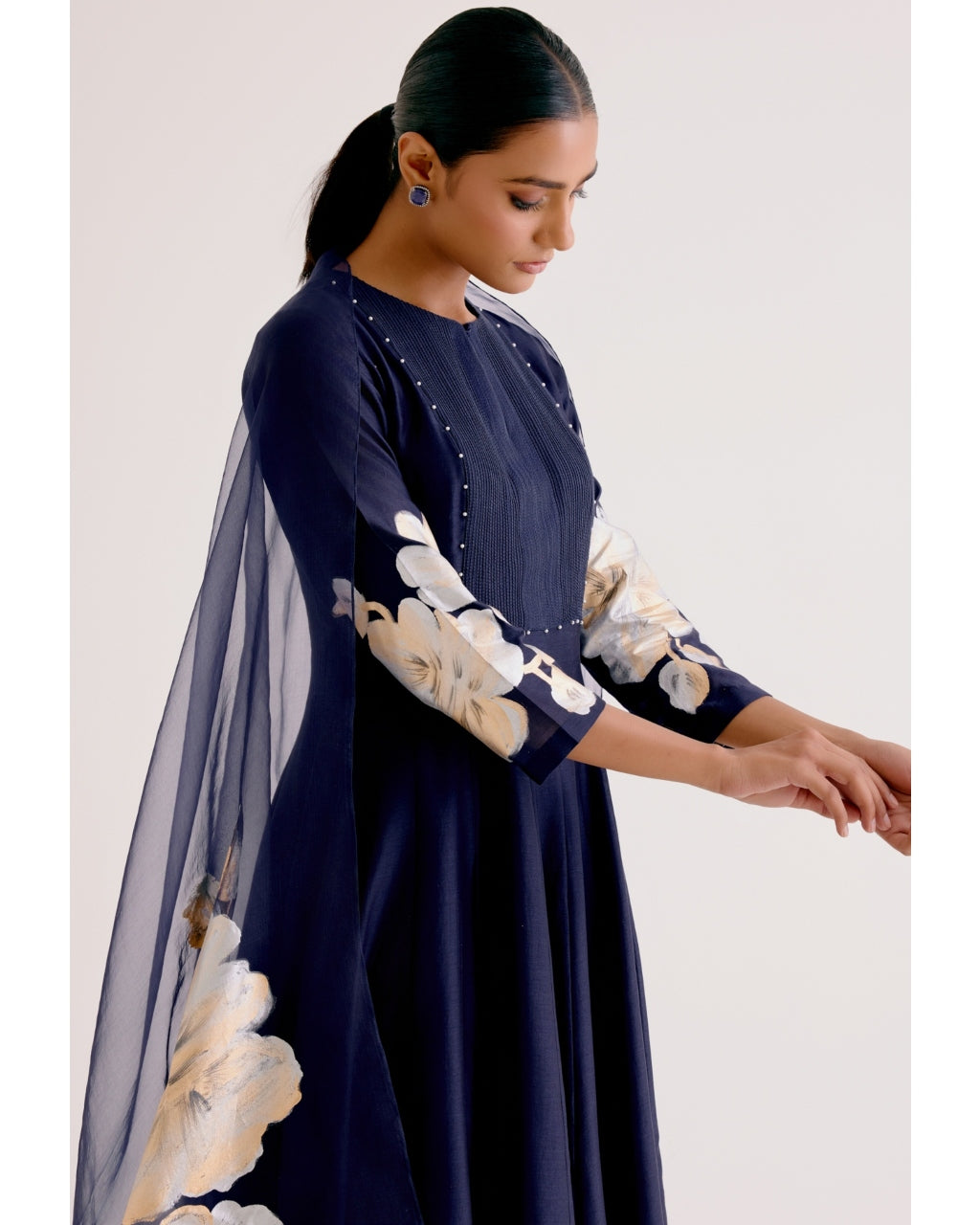 Navy Blue Cotton Silk Blend Hand-Painted Anarkali Set