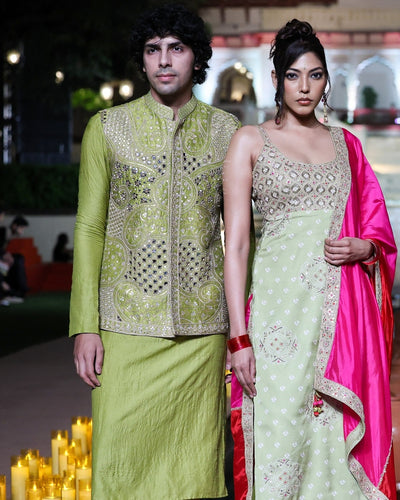 Printed Dry Heena Green Kurta And Bandi Set