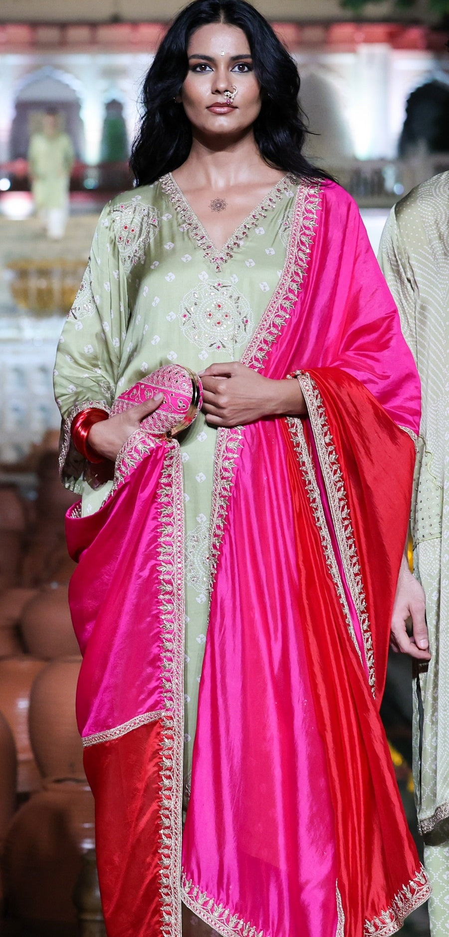 Dry Heena Green And Gulabi Gulaal Kaftaan Kurta Set