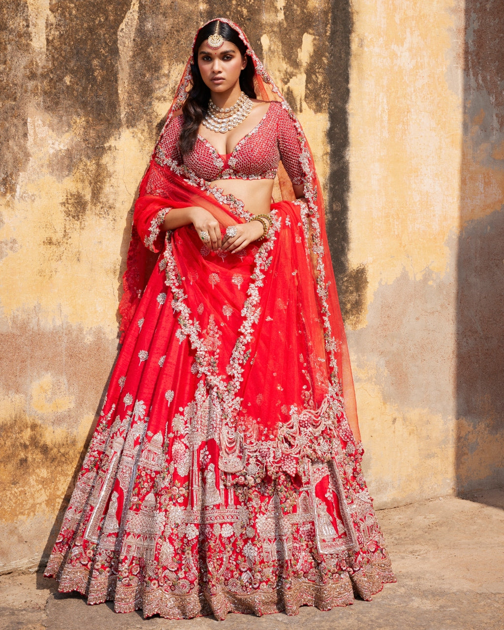 Idalia Red Raw Silk Bridal Lehenga