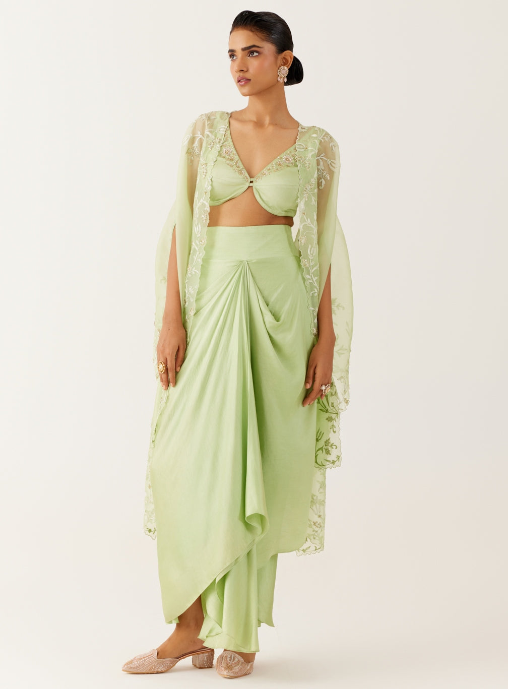 Pistachio Green Sequined Cape And Draped Skirt Set