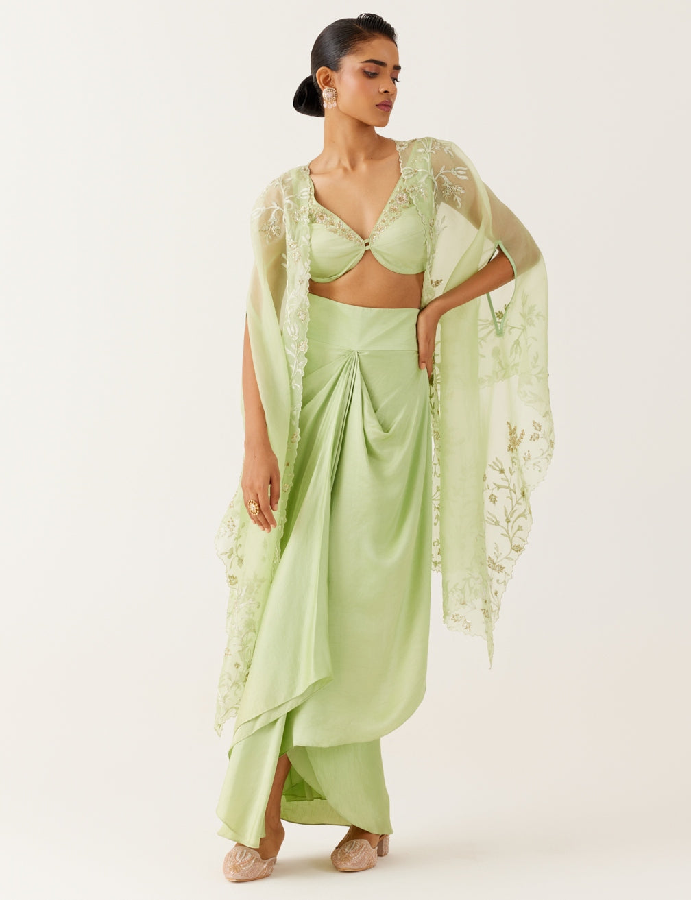 Pistachio Green Sequined Cape And Draped Skirt Set