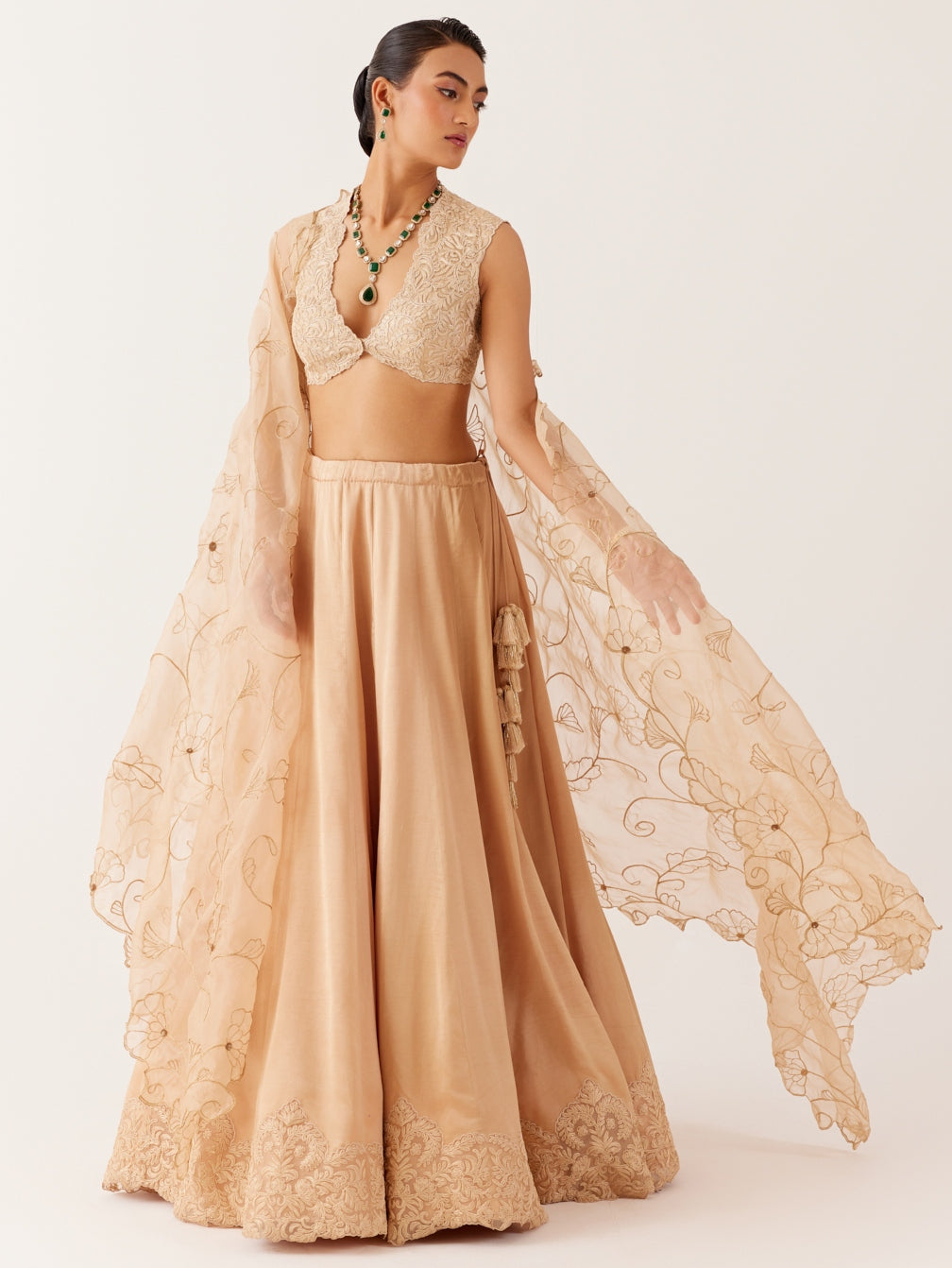 Golden Beige Embroidered Silk Satin Lehenga