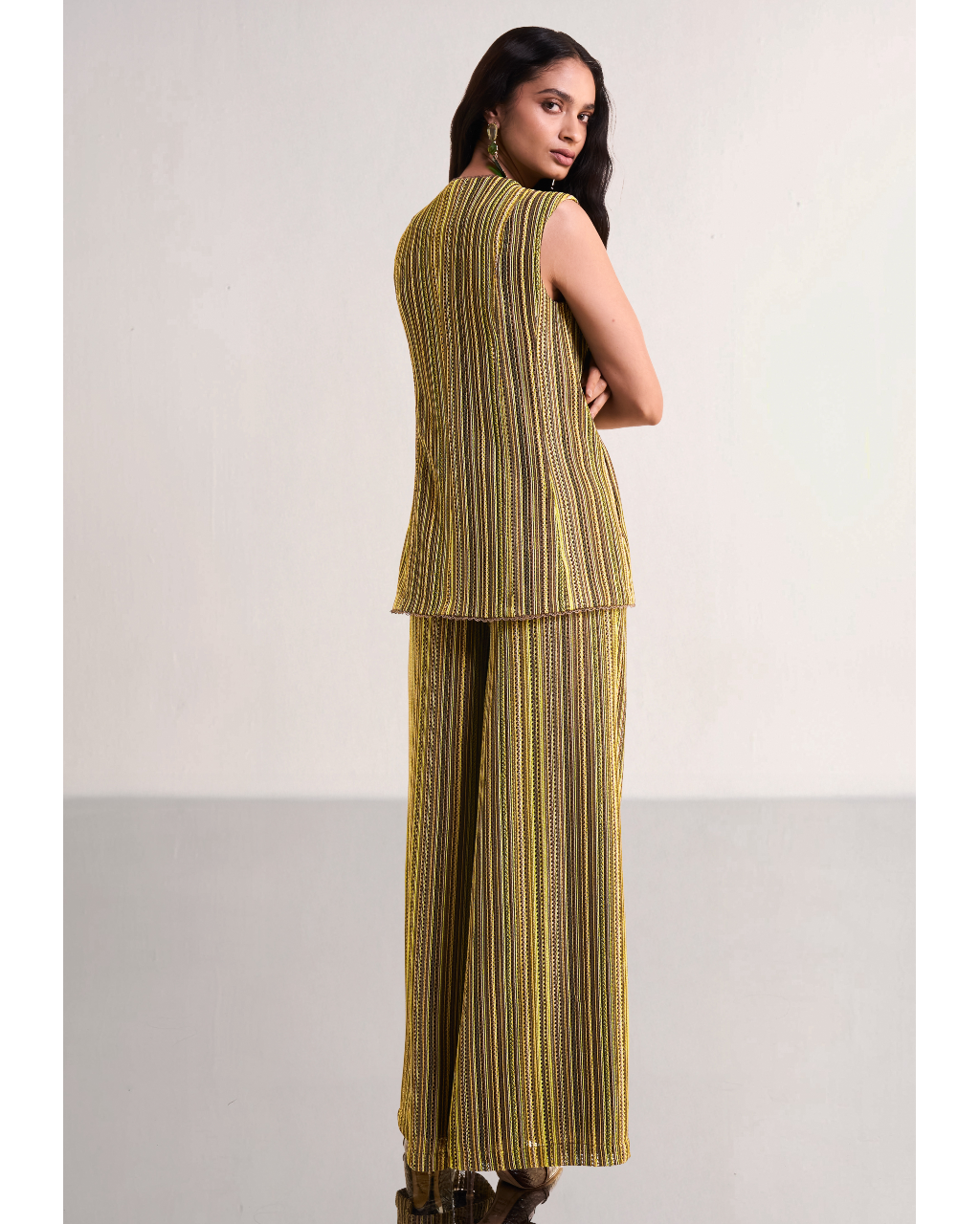 Scalloped Crochet Knit Waistcoat & Wide-Legged Pant Set
