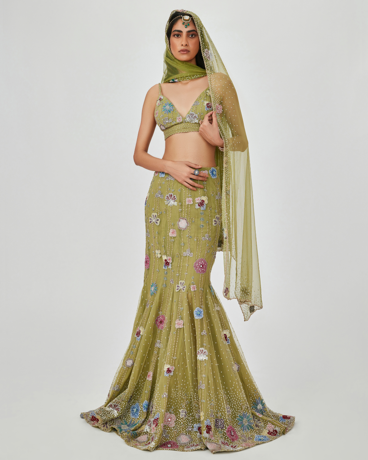 Olivine Green Skirt Set by Aisha Rao